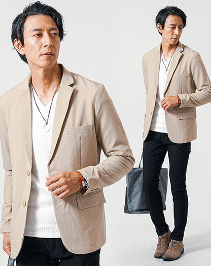 40代メンズ3点コーデセット　ベージュ長袖テーラードジャケット×白長袖Tシャツ×黒スリムチノパンツ