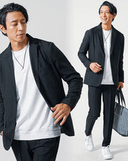 3点コーデセット 黒長袖テーラードジャケット×白長袖Tシャツ×黒スリムトラウザーパンツ