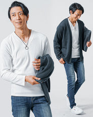 40代メンズ3点コーデセット チャコール長袖カーディガン×白長袖Tシャツ×スリムインディゴデニムパンツ