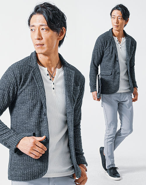 40代メンズ3点コーデセット　黒長袖テーラードジャケット×白長袖袖Tシャツ×グレースリムチノパンツ