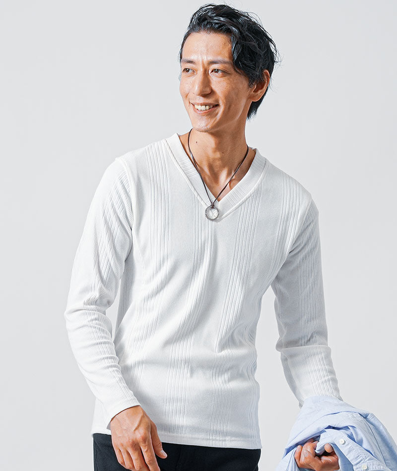 40代メンズ3点コーデセット　日本製サックス長袖バンドカラーシャツ×白長袖袖Tシャツ×黒スリムチノパンツ