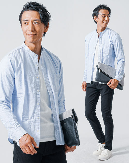 30代メンズ3点コーデセット　日本製サックス長袖バンドカラーシャツ×白長袖袖Tシャツ×黒スリムチノパンツ