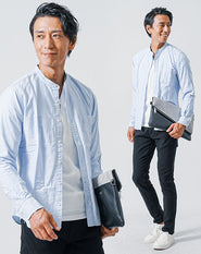 40代メンズ3点コーデセット　日本製サックス長袖バンドカラーシャツ×白長袖袖Tシャツ×黒スリムチノパンツ