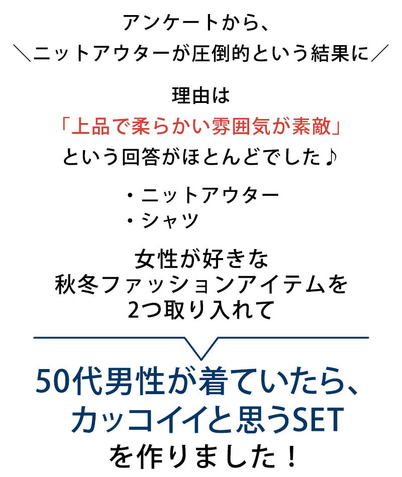 40代メンズ3点コーデセット　黒長袖ニットアウター×白日本製長袖シャツ×ベージュブーツカットチノパンツ