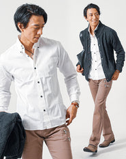 メンズ3点コーデセット 黒長袖ニットアウター×白日本製長袖シャツ×ベージュブーツカットチノパンツ