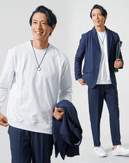 3点コーデセット ネイビー長袖テーラードジャケット×白長袖Tシャツ×ネイビースリムトラウザーパンツ