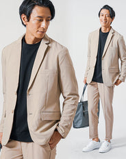 3点コーデセット ベージュ長袖テーラードジャケット×黒長袖Tシャツ×ベージュスリムトラウザーパンツ