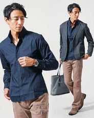 3点コーデセット グレンチェック長袖テーラードジャケット×ネイビー長袖日本製シャツ×ベージュブーツカットチノパンツ