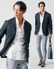 3点コーデセット ネイビー長袖テーラードジャケット×白長袖日本製シャツ×グレースリムチノパンツ