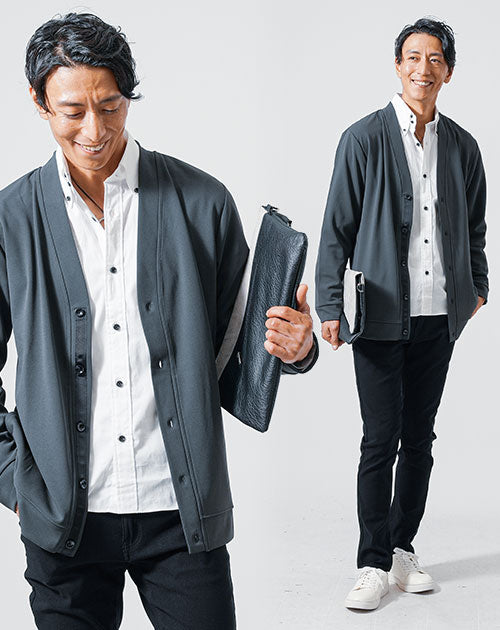 メンズ3点コーデセット　チャコール長袖カーディガン×白長袖日本製シャツ×黒スリムチノパンツ