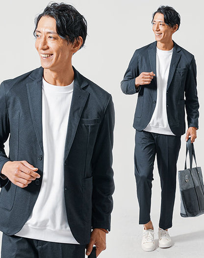 40代メンズ3点コーデセット　セットアップ ネイビー長袖テーラードジャケット×白長袖Tシャツ×ネイビースラックスパンツ
