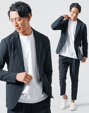 40代メンズ3点コーデセット 黒長袖テーラードジャケット×白長袖Tシャツ×黒テーパードイージーパンツ