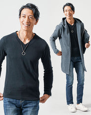40代メンズ3点コーデセット チャコール長袖フーディガン×黒長袖Tシャツ×インディゴスリムデニムパンツ