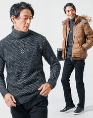 40代メンズ冬の3点コーデセット　キャメル中綿ジャケット×黒長袖タートルネックニット×黒スリムチノパンツ