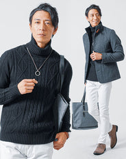 の3点コーデセット チャコール日本製コート×黒タートルネックニット×白スリムチノパンツ