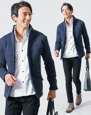 3点コーデセット ネイビー長袖ジャケット×白長袖日本製シャツ×黒スリムチノパンツ