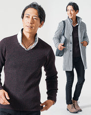 3点コーデセット 白セミロングコート×ワイン長袖ニットTシャツ×黒スリムチノパンツ