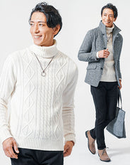40代メンズ冬の3点コーデセット グレンチェック長袖ジャケット×白タートルネックニット×黒スリムチノパンツ