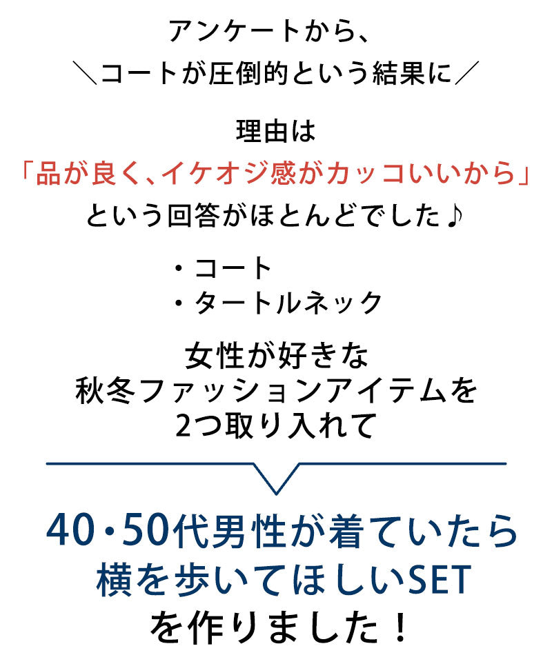 40代メンズ3点コーデセット　ロングコート×白タートルネックニット×黒スリムチノパンツ