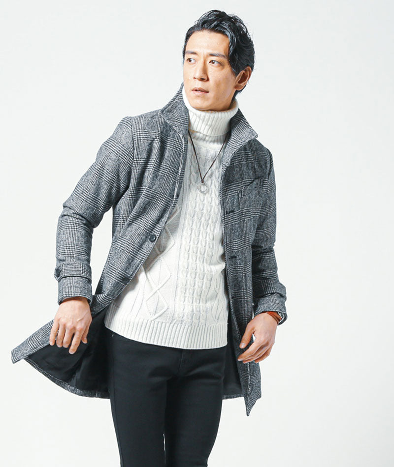 40代メンズ3点コーデセット　ロングコート×白タートルネックニット×黒スリムチノパンツ