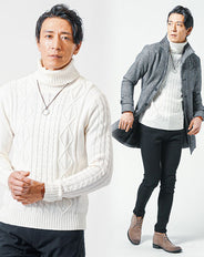 40代メンズ3点コーデセット グレンチェックロングコート×白タートルネックニット×黒スリムチノパンツ