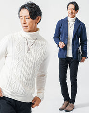 3点コーデセット ネイビー長袖テーラードジャケット×白長袖タートルネックニット×黒スリムチノパンツ