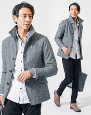 冬の3点コーデセット グレンチェック長袖ジャケット×白長袖シャツ×黒スリムチノパンツ