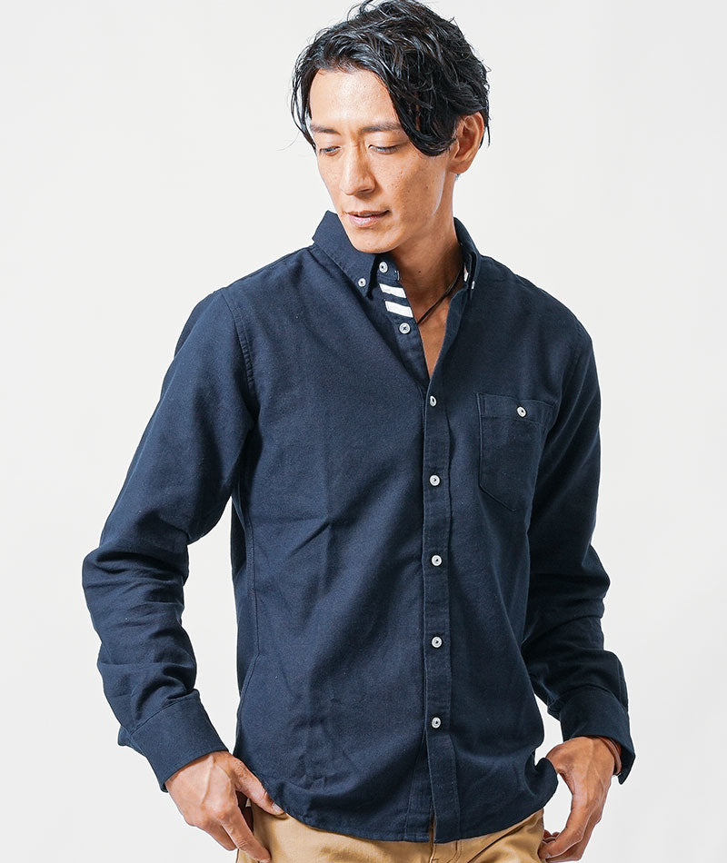 40代メンズ冬の3点コーデセット　グレーロングコート×ネイビー長袖シャツ×ベージュスリムチノパンツ