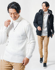 40代メンズ冬の3点コーデセット　黒中綿ジャケット×白タートルネックニット×ベージュスリムチノパンツ
