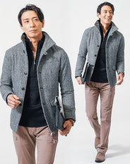 40代メンズ冬の3点コーデセット グレンチェック長袖ジャケット×黒ハーフジップニット×ベージュブーツカットチノパンツ