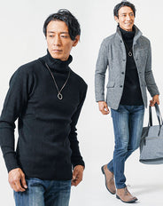40代メンズ冬の3点コーデセット グレンチェック長袖ジャケット×黒タートルネックニット×ネイビースリムデニムパンツ