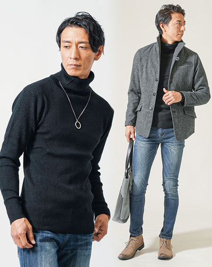 40代メンズ冬の3点コーデセット　グレンチェック長袖ジャケット×黒タートルネックニット×インディゴスリムデニムパンツ