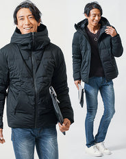 冬の3点コーデセット 黒ダウンジャケット×ワイン長袖ニットTシャツ×ネイビースリムデニムパンツ
