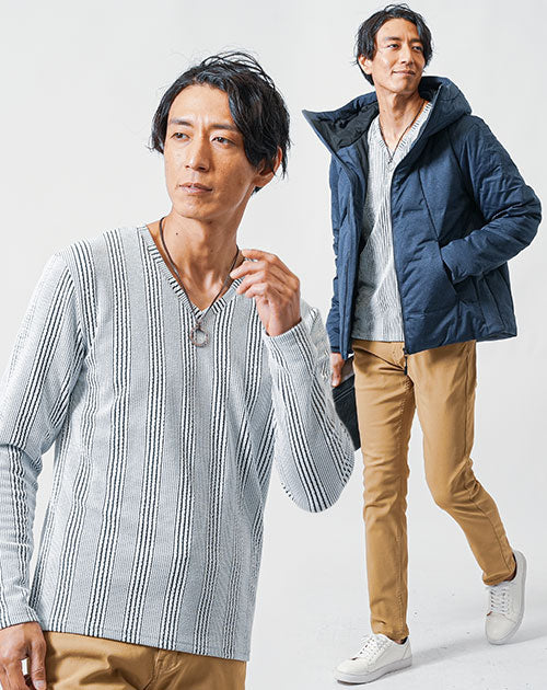 40代 メンズ 冬 コーデセット ダウンジャケット×VネックTシャツ×裏起毛