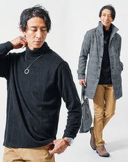 冬の3点コーデセット グレンチェックロングコート×黒日本製タートルネックニット×ベージュスリムチノパンツ