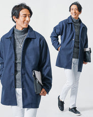 40代メンズ冬の3点コーデセット　ネイビーステンカラーコート×グレータートルネックニット×白スリムチノパンツ