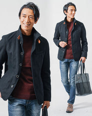 3点コーデセット　黒日本製コート×ワインハイネックニット×ネイビースリムデニムパンツ