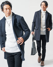 冬の3点コーデセット ネイビーチェスターコート×白タートルネックニット×黒スリムチノパンツ