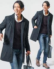 冬の3点コーデセット 黒チェスターコート×ワイン長袖ニット×ネイビースリムデニムパンツ