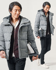 40代メンズ冬の3点コーデセット　グレーツイード中綿ダウンジャケット×ワインニットアウター×黒スリムチノパンツ