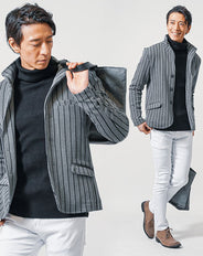 3点コーデセット グレー長袖ジャケット×黒タートルネックニット×白スリムチノパンツ