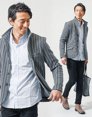 3点コーデセット グレー長袖ジャケット×ブルー長袖Tシャツ×黒スリムチノパンツ