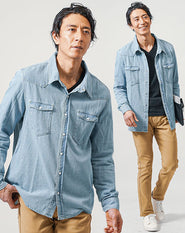 40代メンズ3点コーデセット　サックス長袖デニムシャツ×黒長袖Tシャツ×ベージュスリムチノパンツ
