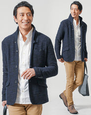 3点コーデセット ネイビー長袖ジャケット×白長袖シャツ×ベージュスリムチノパンツ