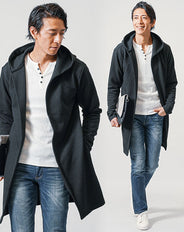 40代メンズ3点コーデセット　黒長袖フーディガン×白長袖Tシャツ×スリムネイビーデニムパンツ