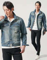 40代メンズ3点コーデセット　ネイビーデニムジャケット×白長袖Tシャツ×黒スリムチノパンツ