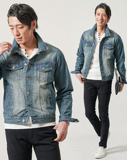 40代メンズ3点コーデセット　ネイビーデニムジャケット×白長袖Tシャツ×黒スリムチノパンツ