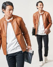 3点コーデセット キャメルライダースジャケット×白長袖Tシャツ×黒スリムチノパンツ