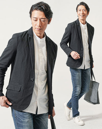 40代 メンズファッション 春服 秋服 3点コーデセット 黒長袖テーラードジャケット×白長袖バンドカラーシャツ×黒ネイビースリムデニムパンツ 全身 男性 デート 服装 コーディネート オフィスカジュアル 通勤