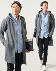 3点コーデセット グレー長袖パーカー×サックス長袖シャツ×黒スリムチノパンツ
